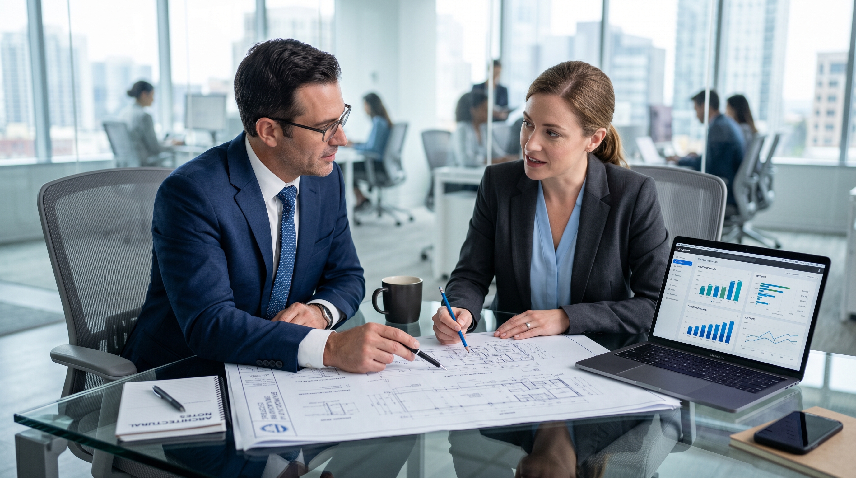Profesionales revisando planos y estrategia